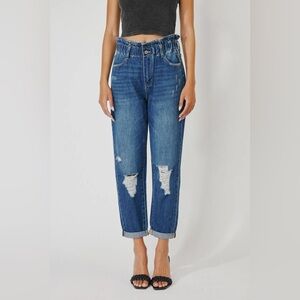 KanCan Ultra High Rise Paperbag Boyfriend Distressed Jeans in Blue, 7/27